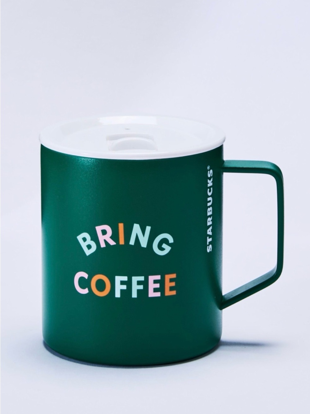 Starbucks Green Mug with Multicolor "BRING COFFEE" Lettering and White Lid